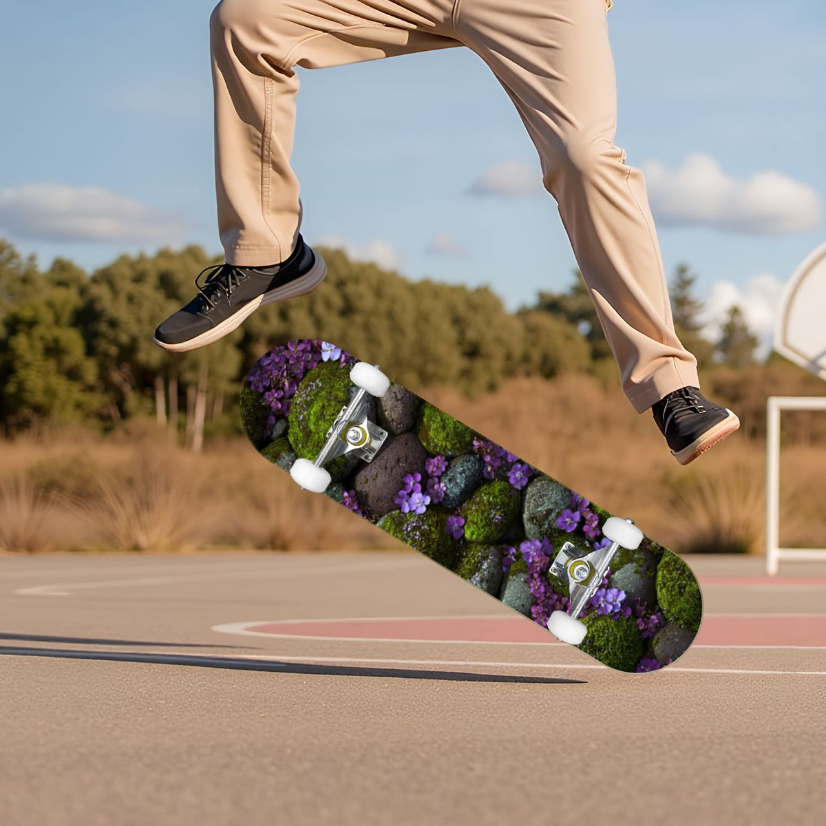 Moss Purple Flowers Rocky Ground 31" x 8" Complete Skateboard, 7-Ply Canadian Maple Double Kick Trick Board for Kids and Beginners Adult Gifts
