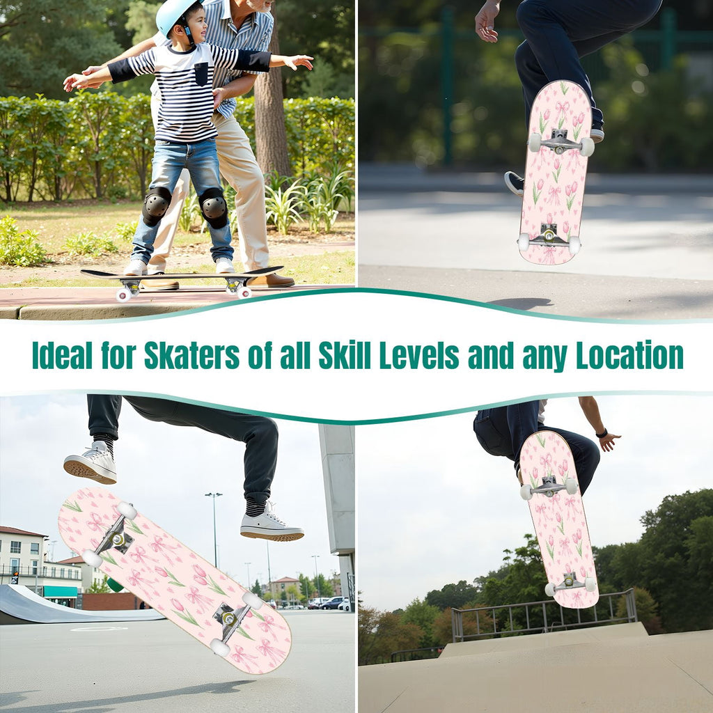 31"x8" Complete Skateboards for Beginners, Seamless Pink Peony Floral Cream Double Kick 7 Ply Canadian Maple Deck Skateboard with Wheels, Gifts for Girls Teens