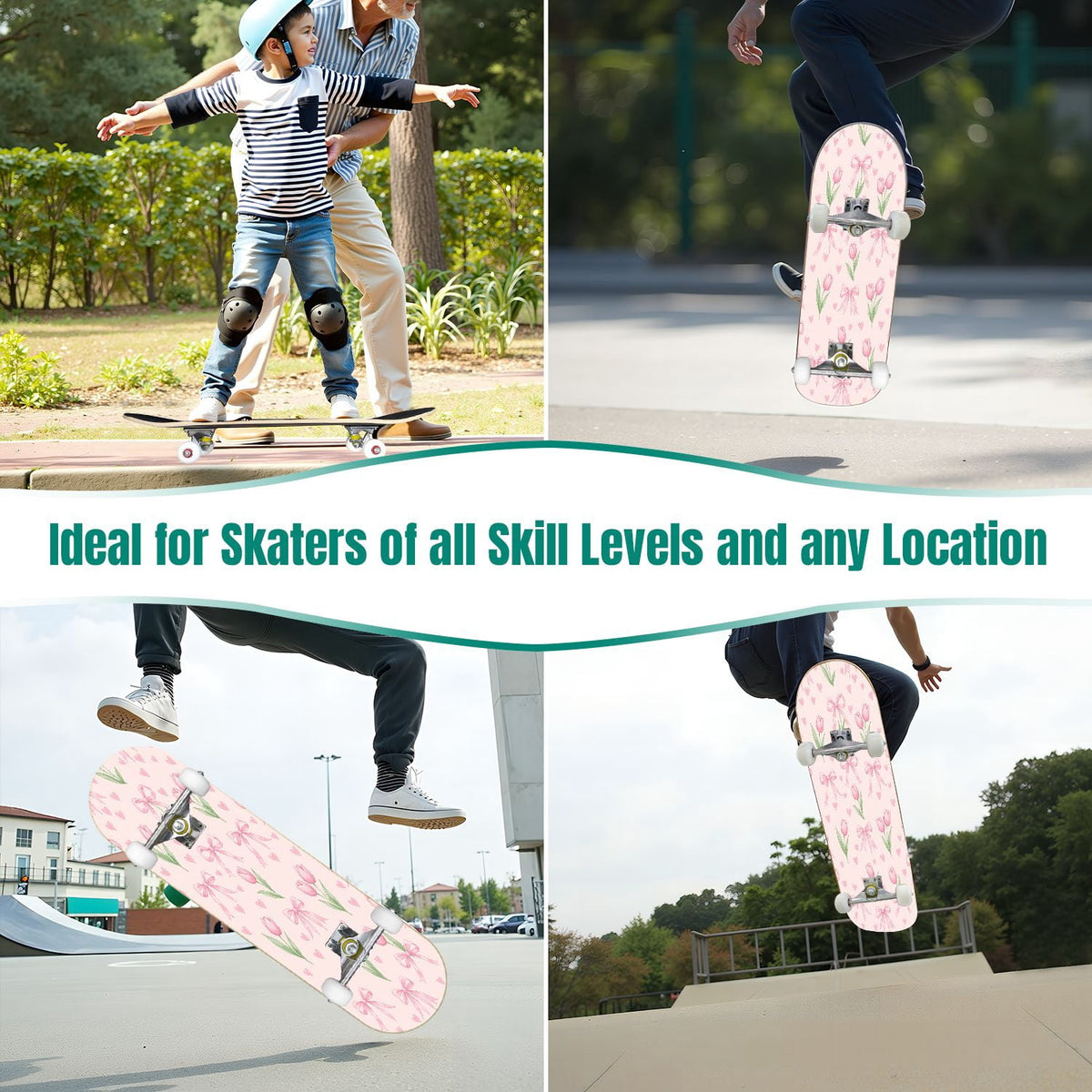31"x8" Complete Skateboards for Beginners, Seamless Pink Peony Floral Cream Double Kick 7 Ply Canadian Maple Deck Skateboard with Wheels, Gifts for Girls Teens