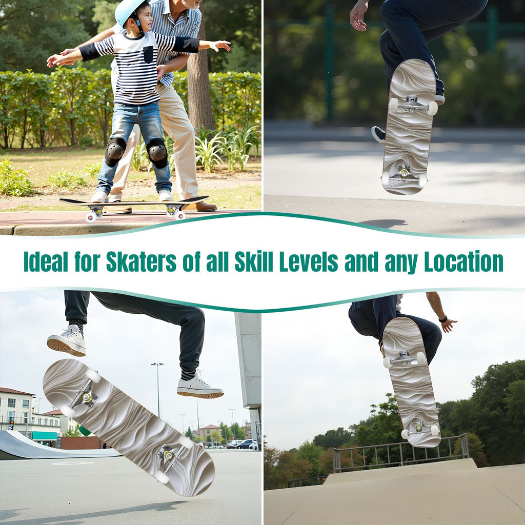 Beige Waves Flowing Lines 3D Effect 31" x 8" Complete Skateboard, 7-Ply Canadian Maple Double Kick Trick Board for Kids and Beginners Adult Gifts