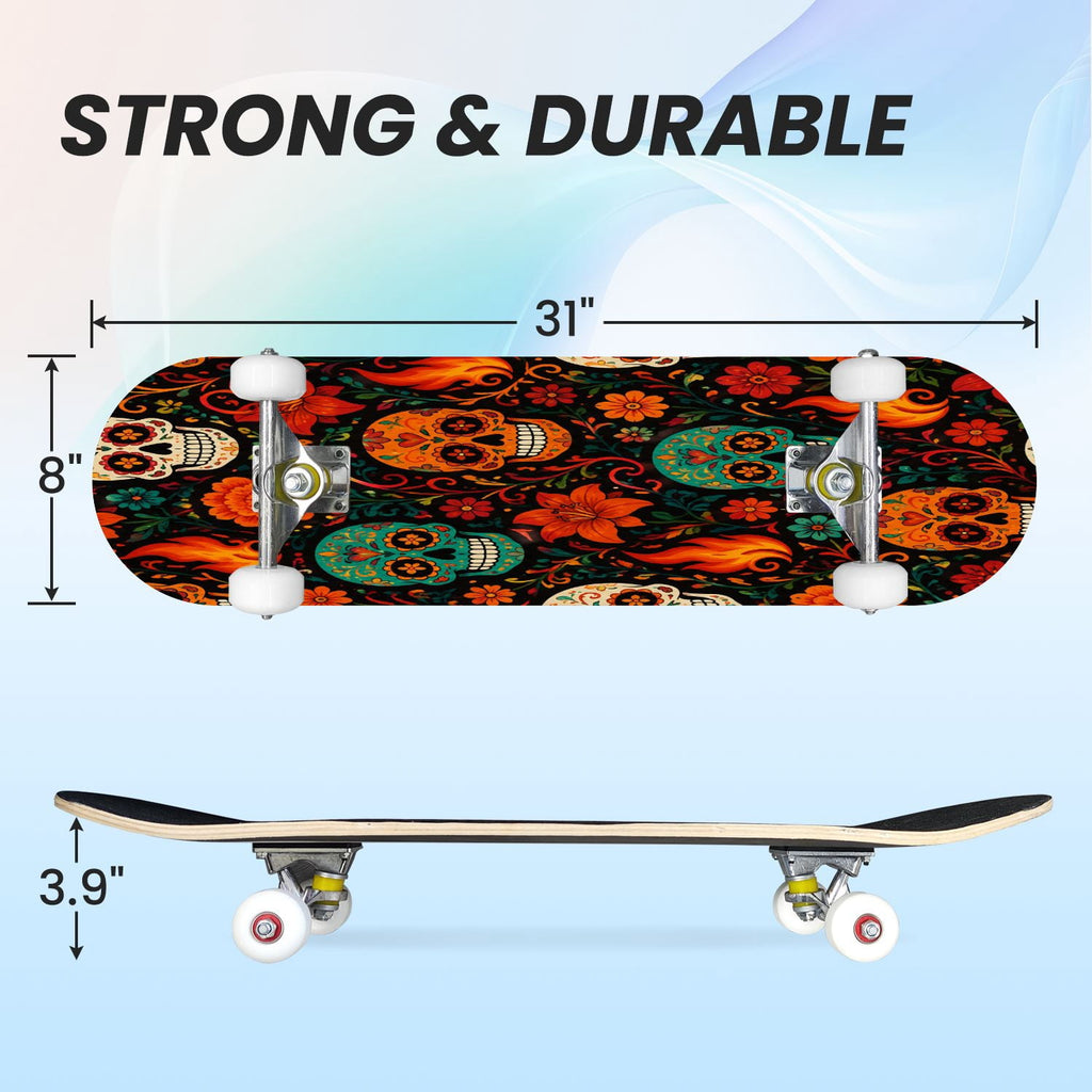 31"x8" Complete Skateboards for Beginners, Colorful Sugar Skulls Floral Patterns Mexican Double Kick 7 Ply Canadian Maple Deck Skateboard with Wheels, Gifts for Kids Teens