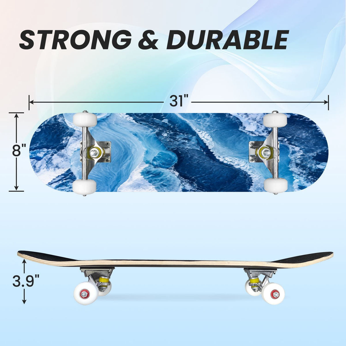 31"x8" abstract paint water blue sea Complete Skateboard for Beginners waves watercolor seamless 7 Layer Maple Deck Double Kick Kids Skateboard with 85A PU Wheels Gifts for Kids Teens