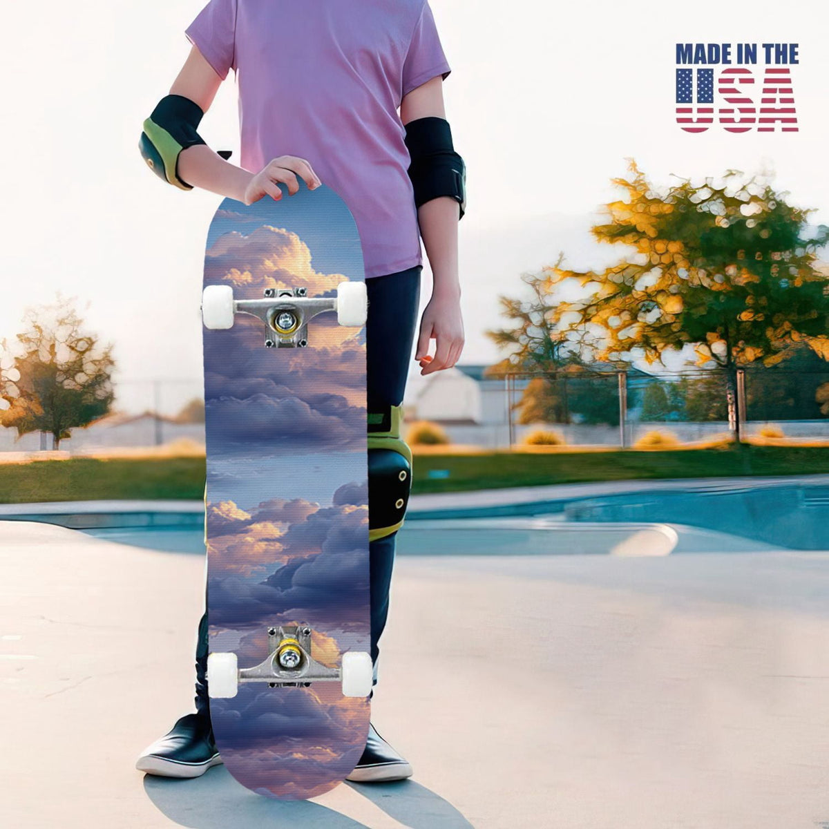 31"x8" Complete Skateboards for Beginners, Cute Light Blue Sky Cartoon Summer Decor Double Kick 7 Ply Canadian Maple Deck Skateboard with Wheels, Gifts for Kids Teens