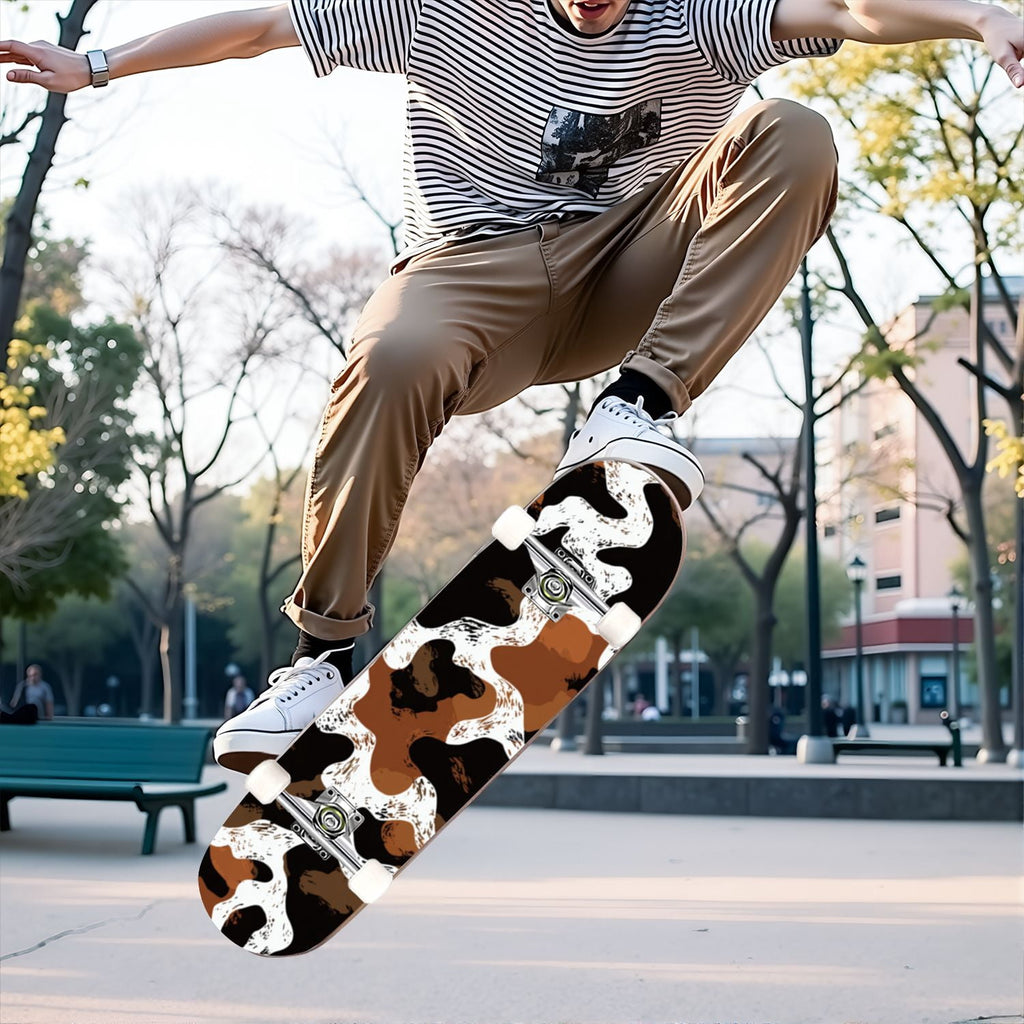 31"x8" Complete Skateboards for Beginners,Leopard Print Black Brown Beige Double Kick 7 Ply Canadian Maple Deck Skateboard with Wheels, Gifts for Kids Teens