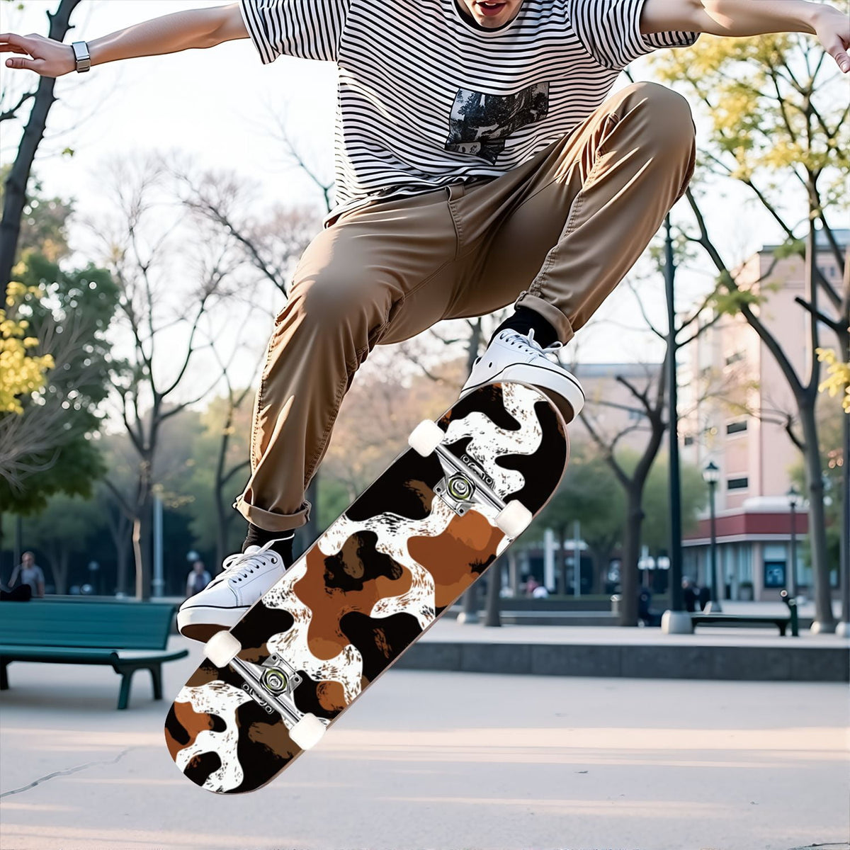 31"x8" Complete Skateboards for Beginners,Leopard Print Black Brown Beige Double Kick 7 Ply Canadian Maple Deck Skateboard with Wheels, Gifts for Kids Teens