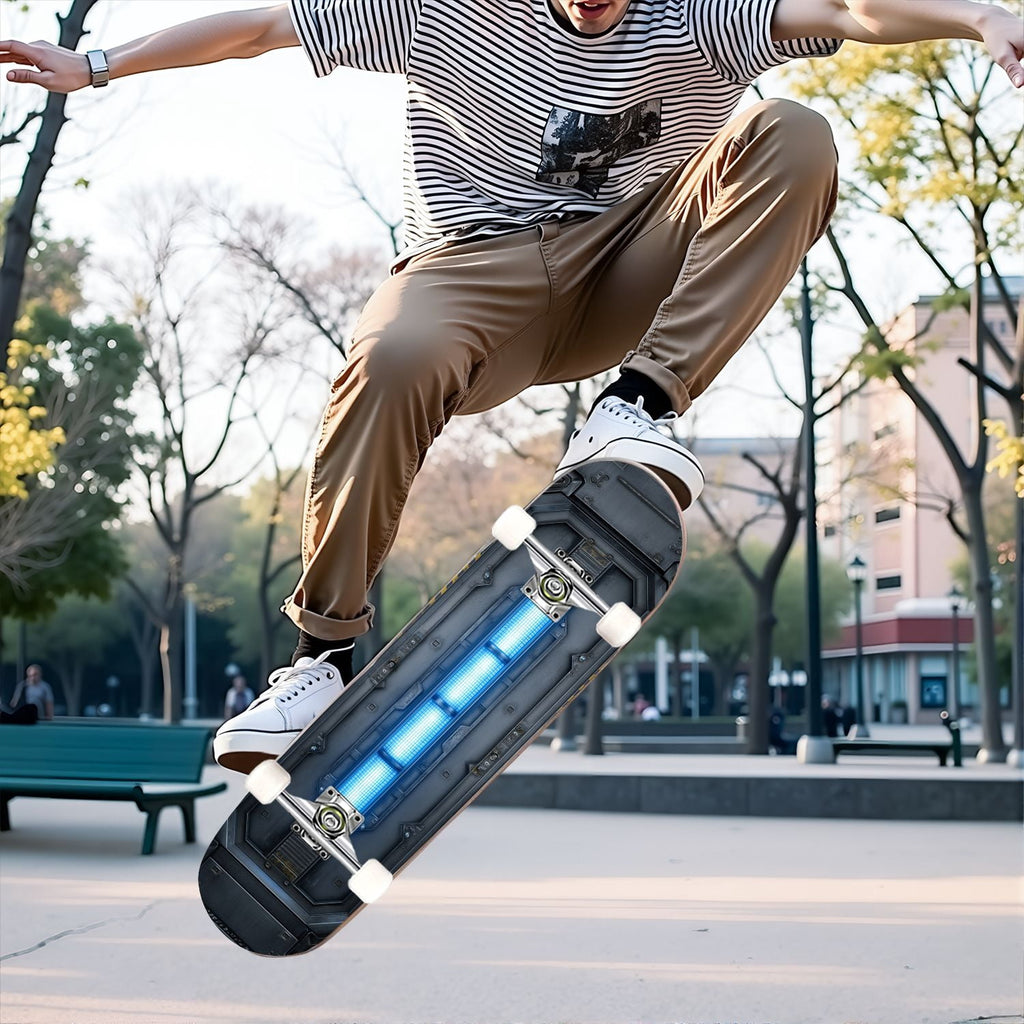 31"x8" Complete Skateboards for Beginners,Geometric Hexagon Glowing Neon Blue Purple Double Kick 7 Ply Canadian Maple Deck Skateboard with Wheels, Gifts for Kids Teens