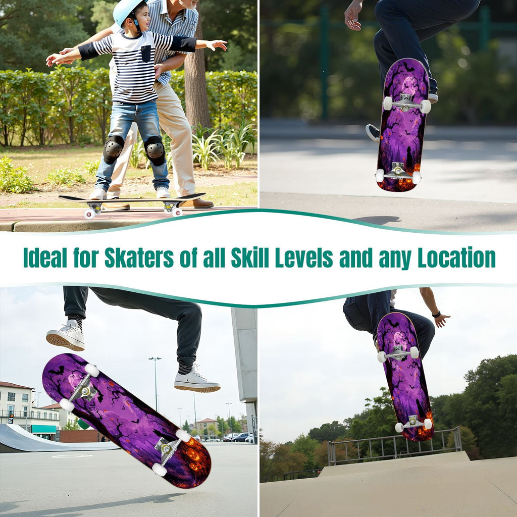 31"x8" Complete Skateboards for Beginners,Halloween Forest Bats Black Cat Glowing Double Kick 7 Ply Canadian Maple Deck Skateboard with Wheels, Gifts for Kids Teens