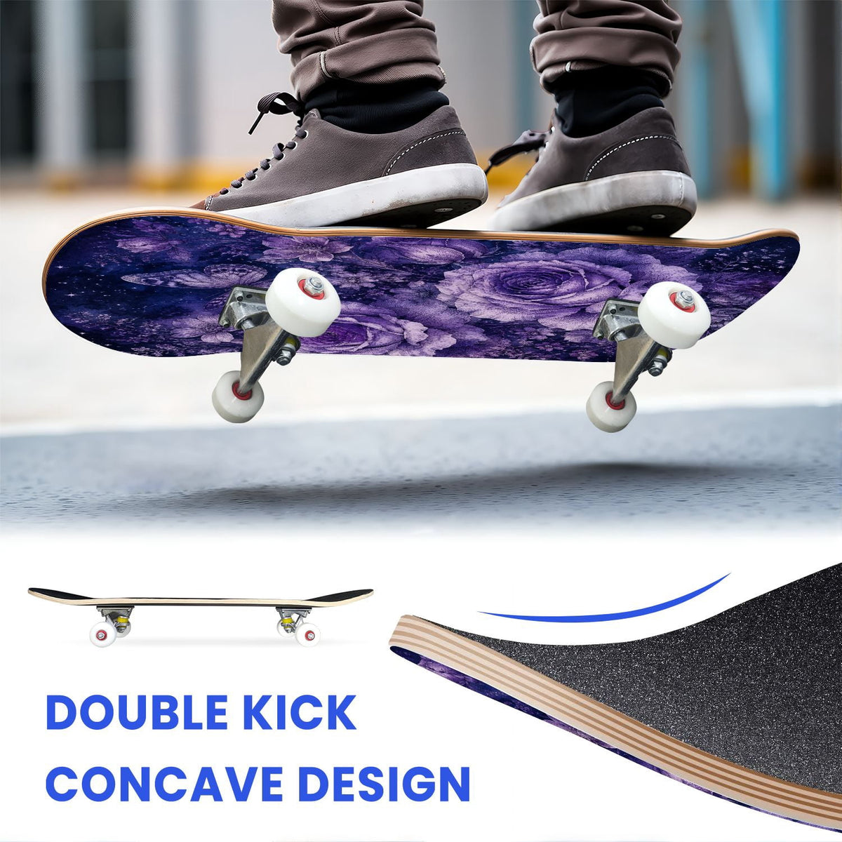 31"x8" Complete Skateboards for Beginners, Mystical Purple Butterfly Glowing Mushrooms Under Full Moon Double Kick 7 Ply Canadian Maple Deck Skateboard with Wheels, Gifts for Kids Teens
