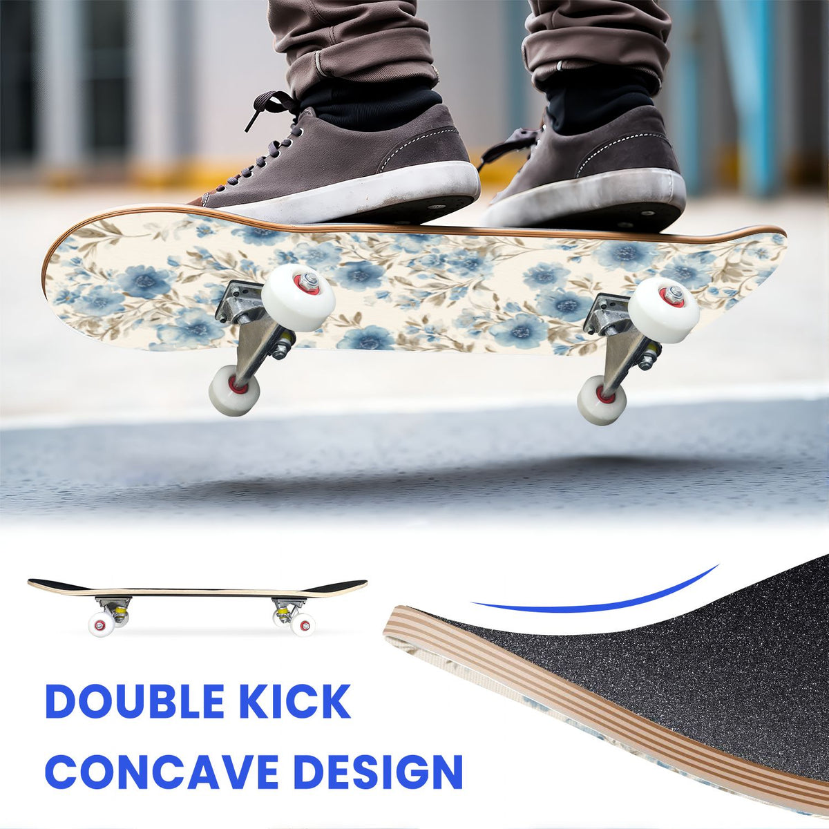 31"x8" Complete Skateboards for Beginners, Soft Blue Cream Striped Design Double Kick 7 Ply Canadian Maple Deck Skateboard with Wheels, Gifts for Kids Teens