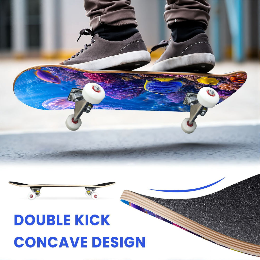 31"x8" Complete Skateboards for Beginners, Colorful Underwater Two Seahorses Coral Reefs Double Kick 7 Ply Canadian Maple Deck Skateboard with Wheels, Gifts for Kids Teens