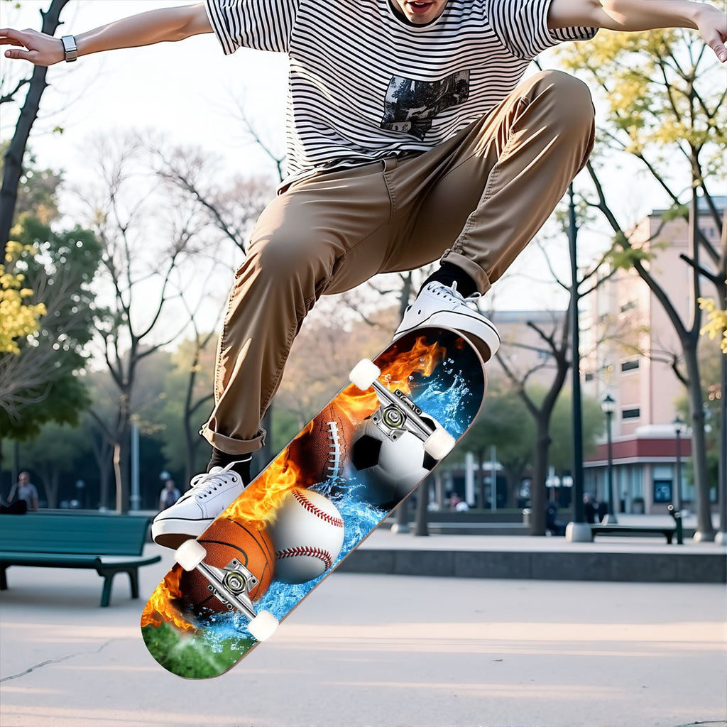 31"x8" Complete Skateboards for Beginners,Close up Baseball Red Stitches Leather Double Kick 7 Ply Canadian Maple Deck Skateboard with Wheels, Sports Gifts for Kids Teens