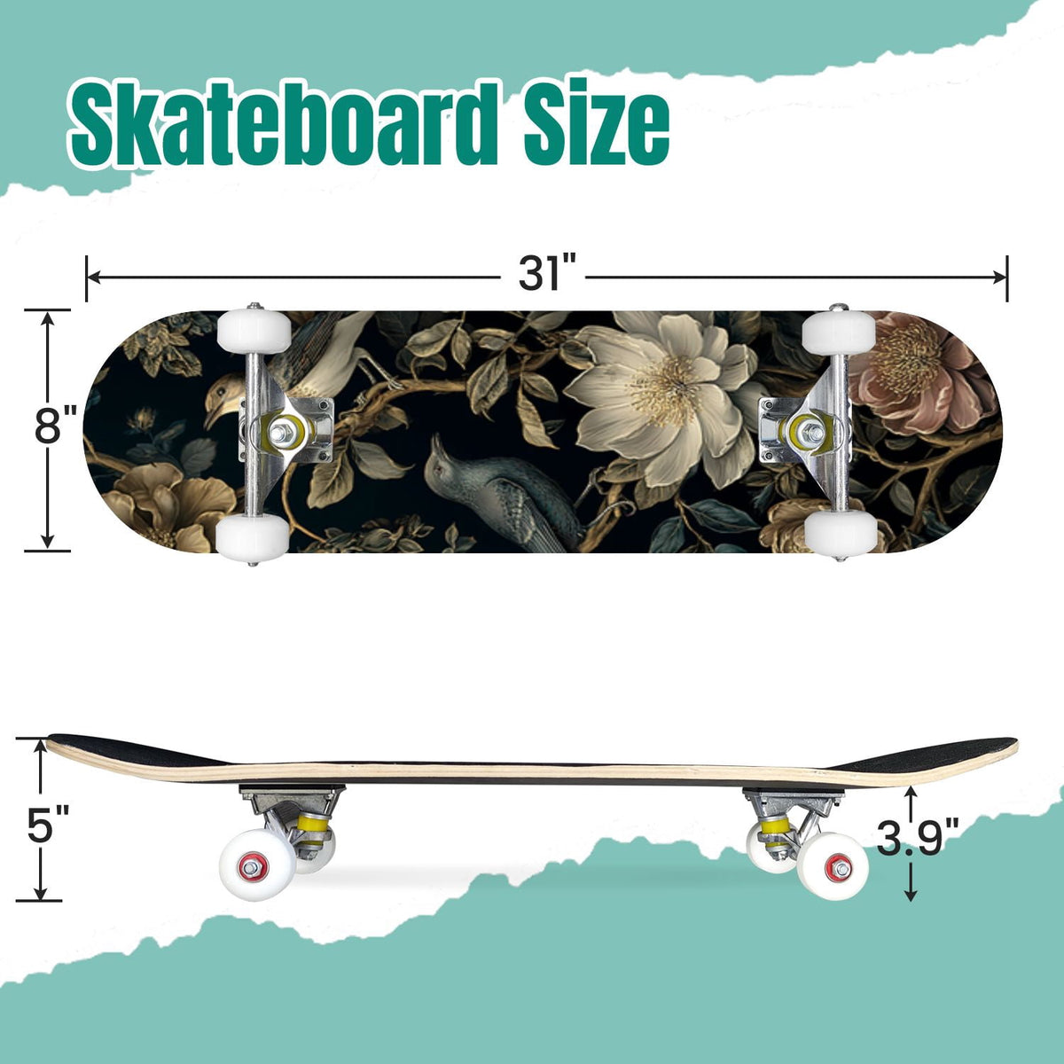 Buffalo Tan Grass Illustrations 31" x 8" Complete Skateboard, 7-Ply Canadian Maple Double Kick Trick Board for Kids and Beginners Adult Gifts