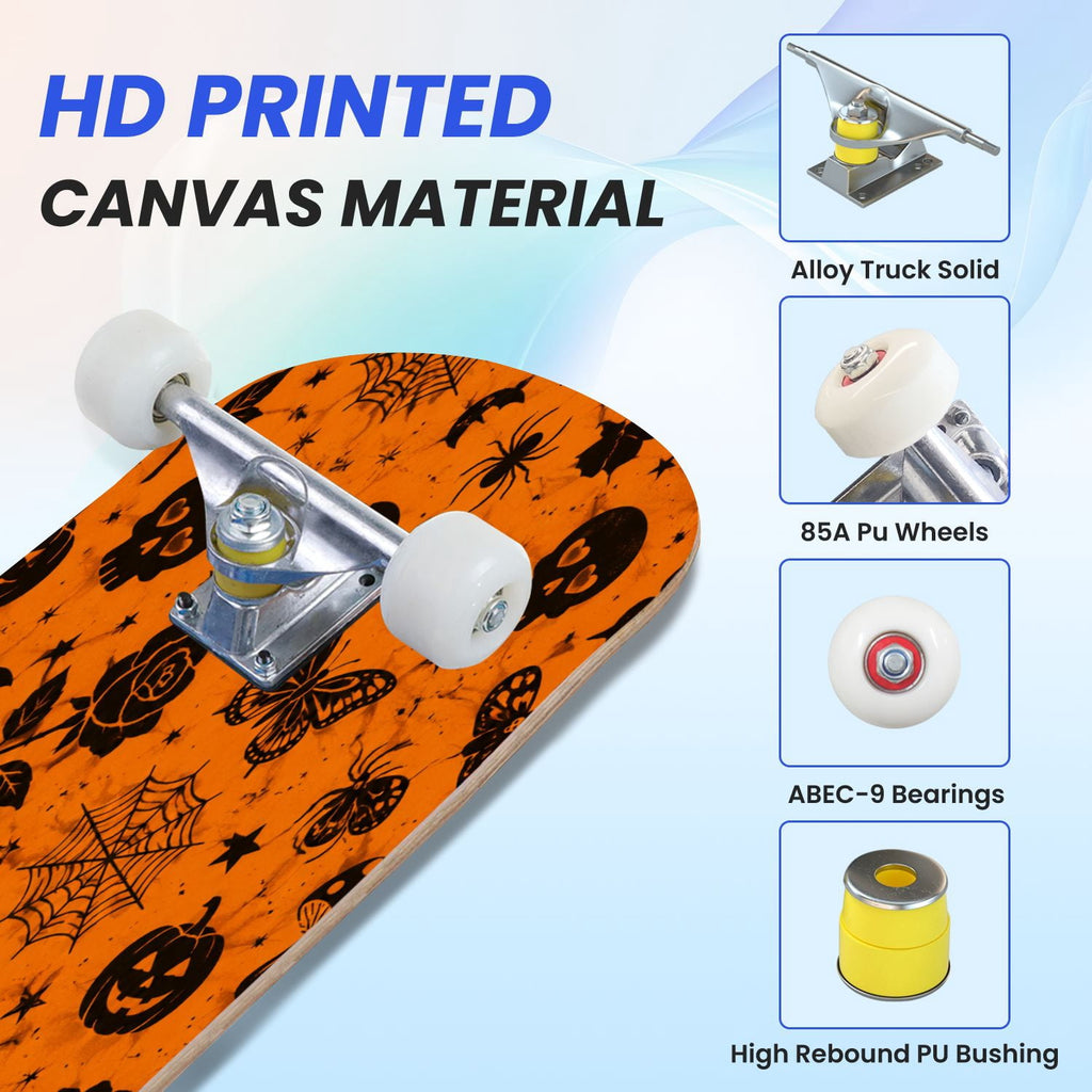 31"x8" Complete Skateboards for Beginners,Halloween Black Cats Pumpkins Ghosts Bats Beige Double Kick 7 Ply Canadian Maple Deck Skateboard with Wheels, Gifts for Kids Teens