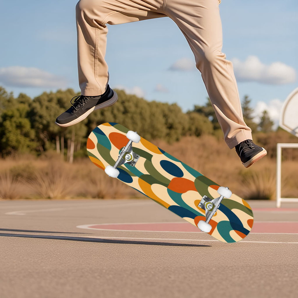 Abstract Geometric Curved Shapes Earthy Tones 31" x 8" Complete Skateboard, 7-Ply Canadian Maple Double Kick Trick Board for Kids and Beginners Adult Gifts