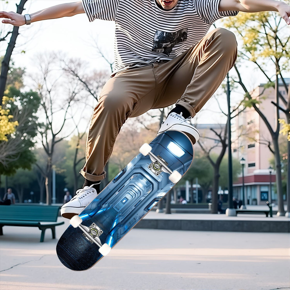 31"x8" Complete Skateboards for Beginners,Hexagon neon blue glow futuristic Double Kick 7 Ply Canadian Maple Deck Skateboard with Wheels, Gifts for Kids Teens