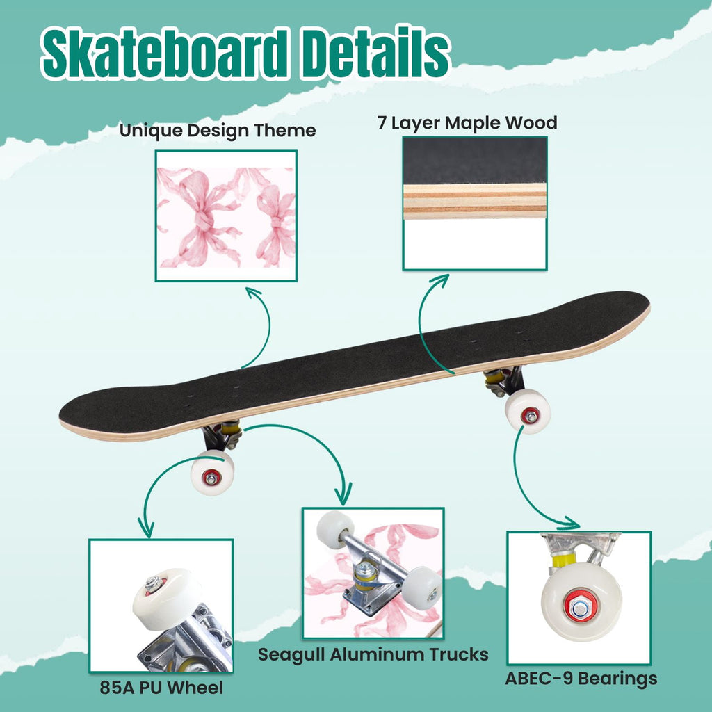 Delicate Pink Floral Ribbon Design 31" x 8" Complete Skateboard, 7-Ply Canadian Maple Double Kick Trick Board for Kids and Beginners Adult Gifts