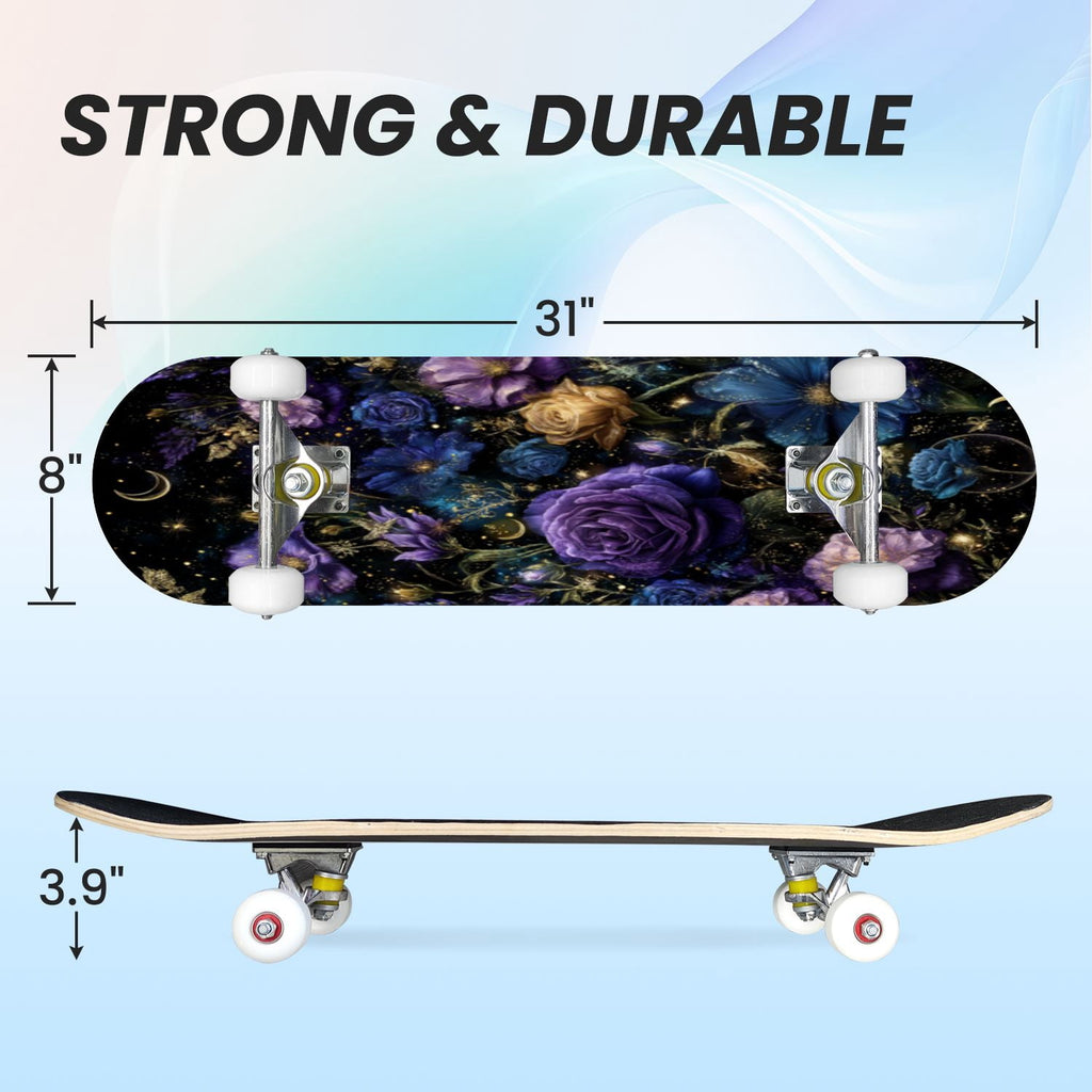 31"x8" Complete Skateboards for Beginners, Ethereal Night Garden Roses Starry Sky Dark Academia Double Kick 7 Ply Canadian Maple Deck Skateboard with Wheels, Gifts for Kids Teens