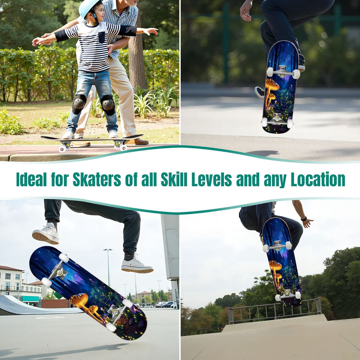 31"x8" Complete Skateboards for Beginners, Magical Forest Glowing Mushrooms Twinkling Fantasy Double Kick 7 Ply Canadian Maple Deck Skateboard with Wheels, Gifts for Kids Teens