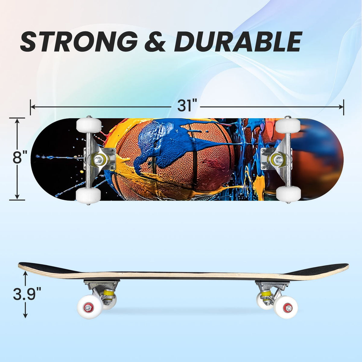 31"x8" Complete Skateboards for Beginners,Abstract Soccer Ball Vibrant Paint Splashes Drips Double Kick 7 Ply Canadian Maple Deck Skateboard with Wheels, Sports Gifts for Kids Teens