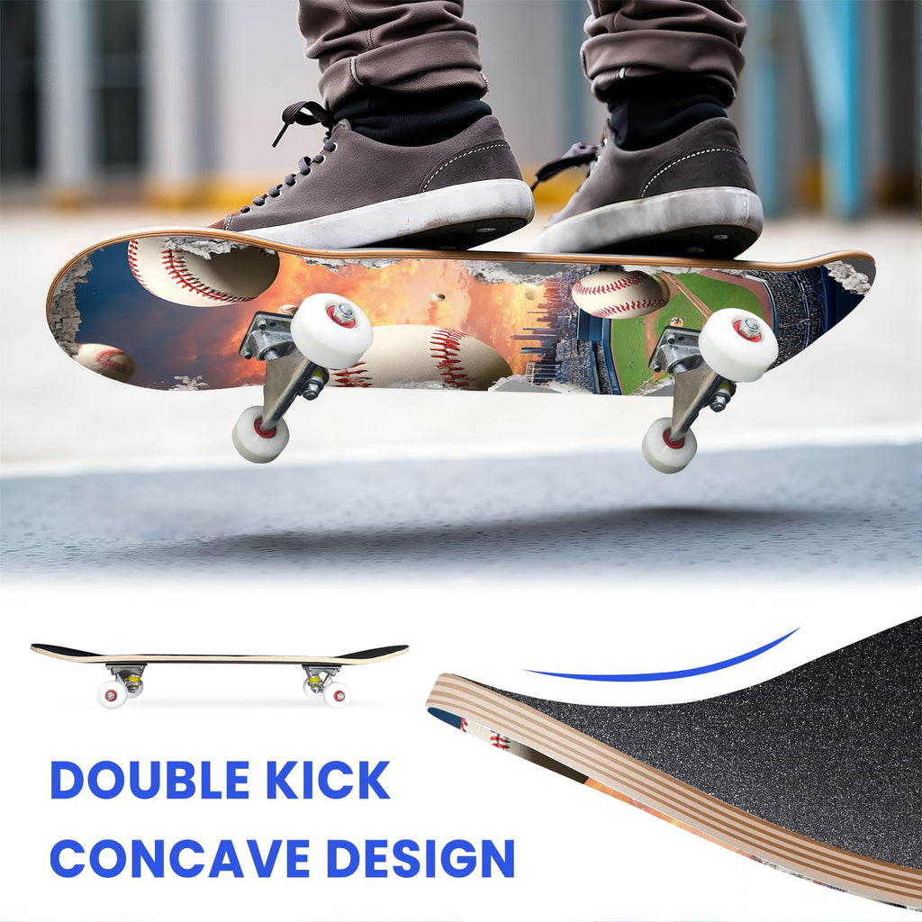 31"x8" Complete Skateboards for Beginners,baseball stadium giant baseballs sunset sky Double Kick 7 Ply Canadian Maple Deck Skateboard with Wheels, Gifts for Kids Teens