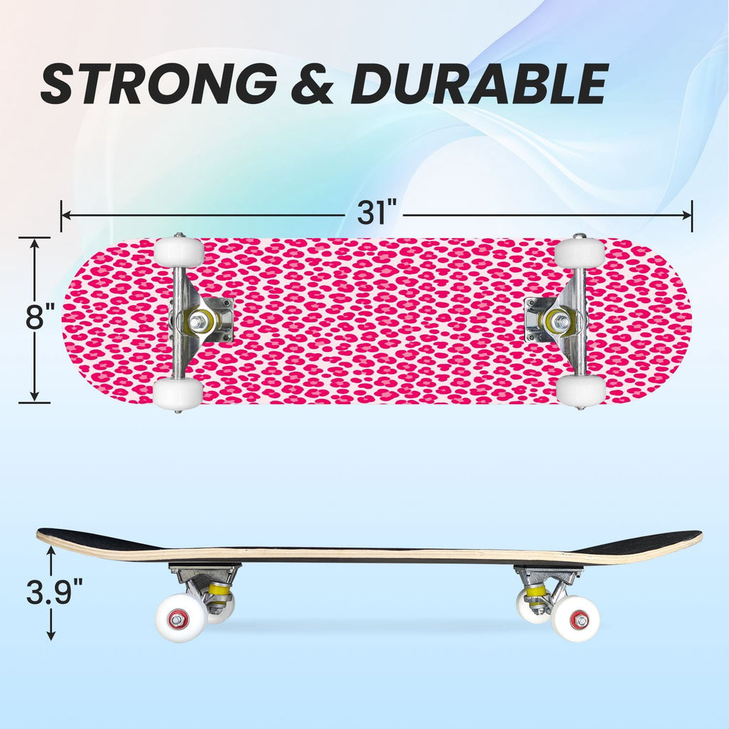 31"x8" Complete Skateboards for Beginners, Seamless Pink Peony Floral Cream Double Kick 7 Ply Canadian Maple Deck Skateboard with Wheels, Gifts for Girls Teens