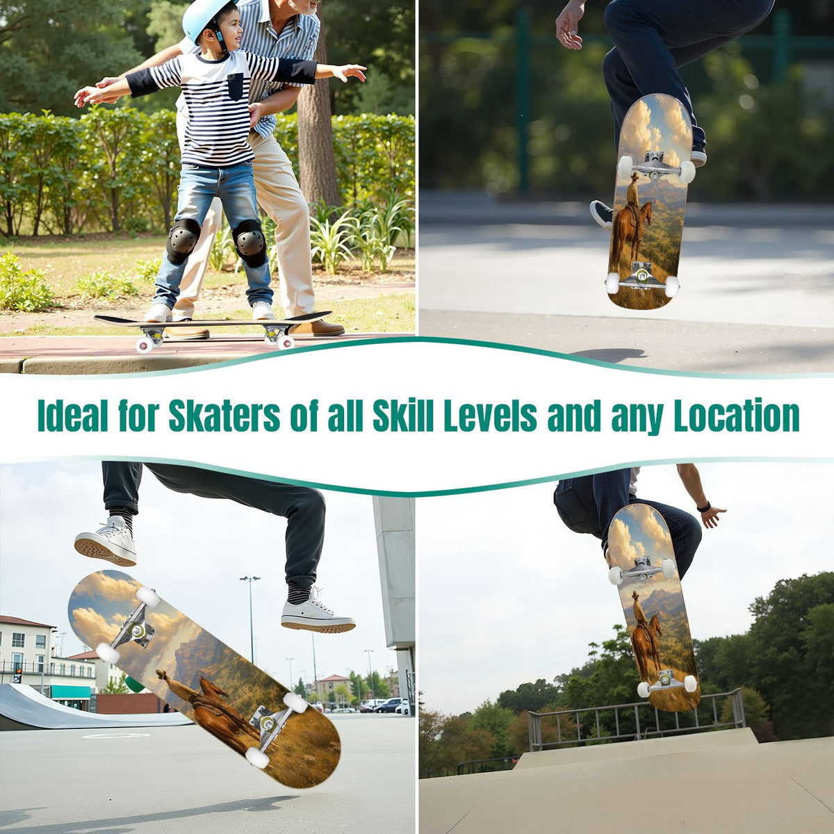 Abstract Geometric Curved Shapes Earthy Tones 31" x 8" Complete Skateboard, 7-Ply Canadian Maple Double Kick Trick Board for Kids and Beginners Adult Gifts