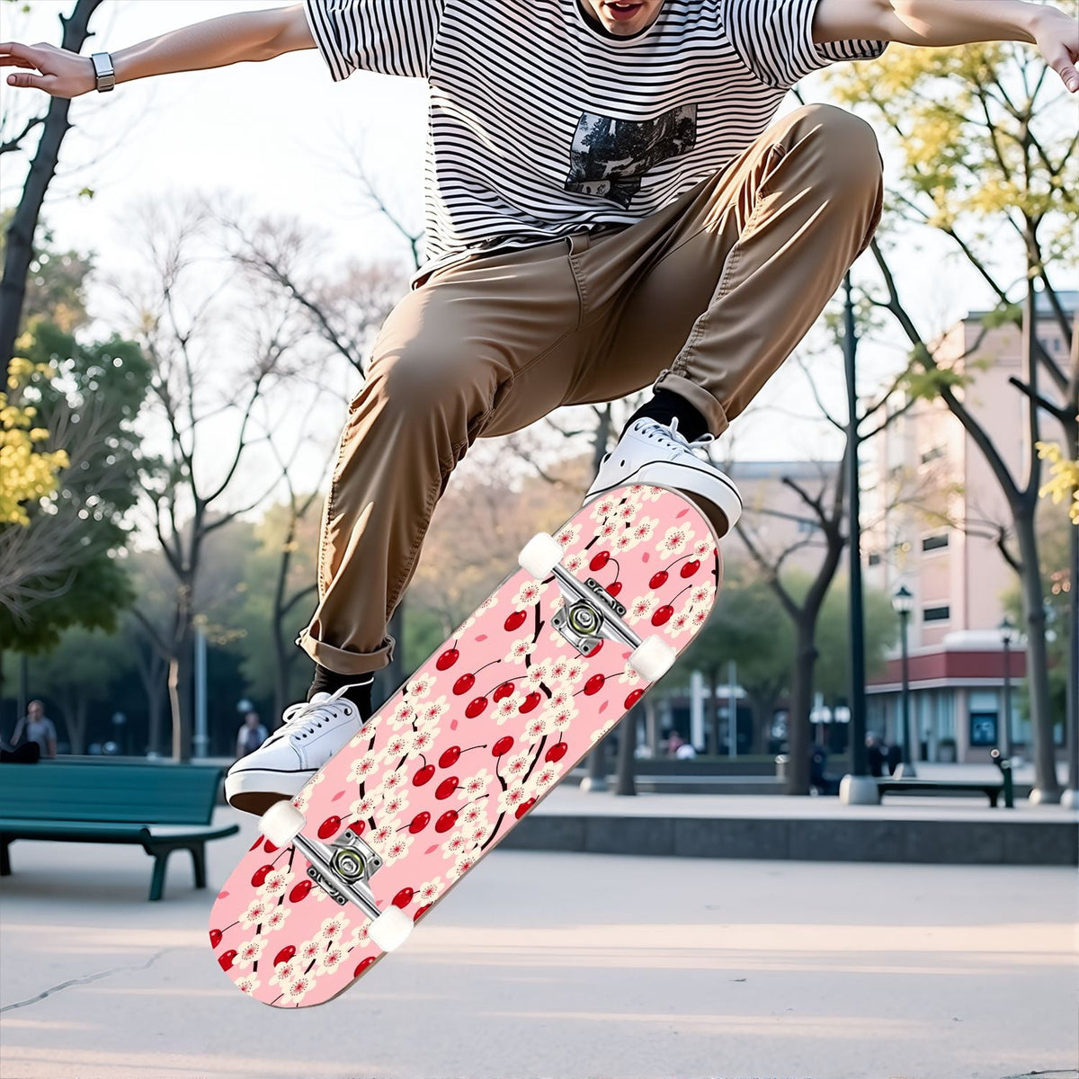 31"x8" Complete Skateboards for Beginners, Cherry Blossom Red Cherry Seamless Pink Botanical Double Kick 7 Ply Canadian Maple Deck Skateboard with Wheels, Gifts for Girls Teens