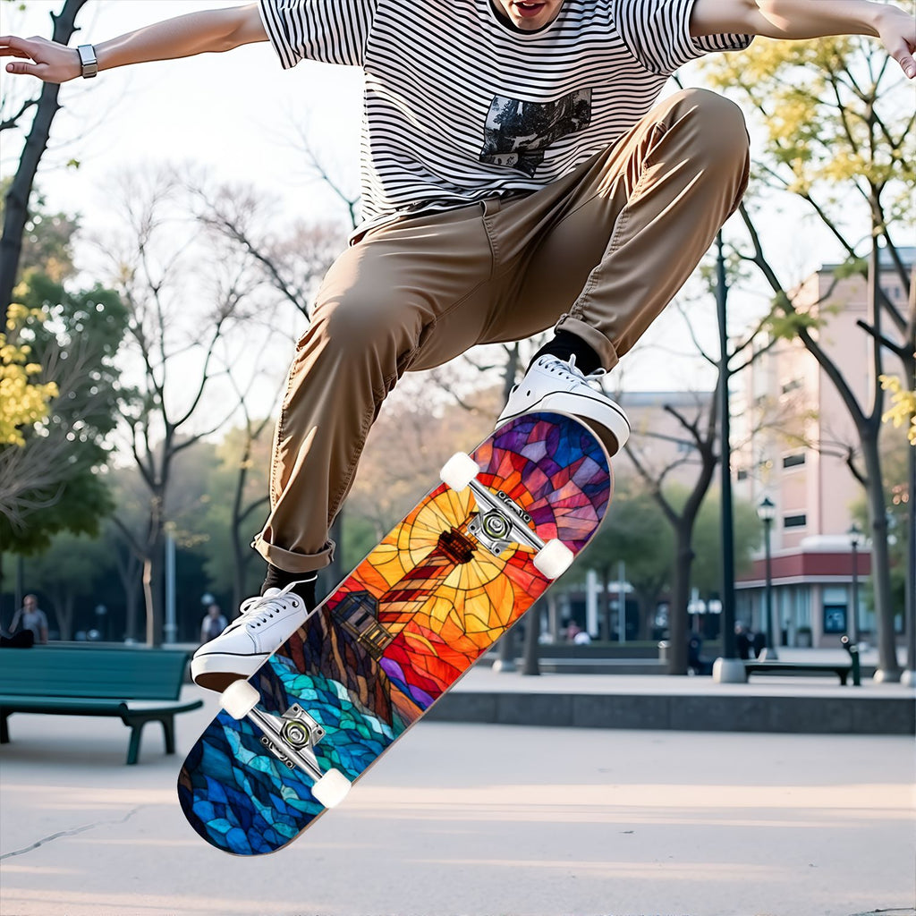 31"x8" Complete Skateboards for Beginners, White Birch Tree Bark Natural Knots Horizontal Lines Double Kick 7 Ply Canadian Maple Deck Skateboard with Wheels, Gifts for Kids Teens