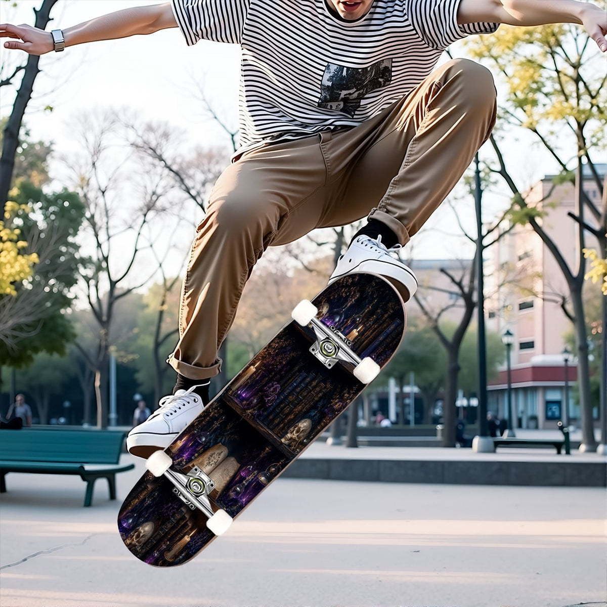 31"x8" Complete Skateboards for Beginners,Vintage Botanical Skull Flowers Elements Dark Double Kick 7 Ply Canadian Maple Deck Skateboard with Wheels, Gifts for Kids Teens