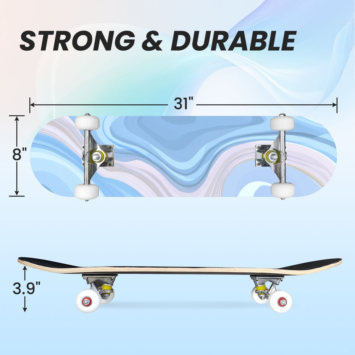31"x8" Complete Skateboards for Beginners, Abstract Pastel Swirl Soft Earthy Tones Double Kick 7 Ply Canadian Maple Deck Skateboard with Wheels, Gifts for Kids Teens