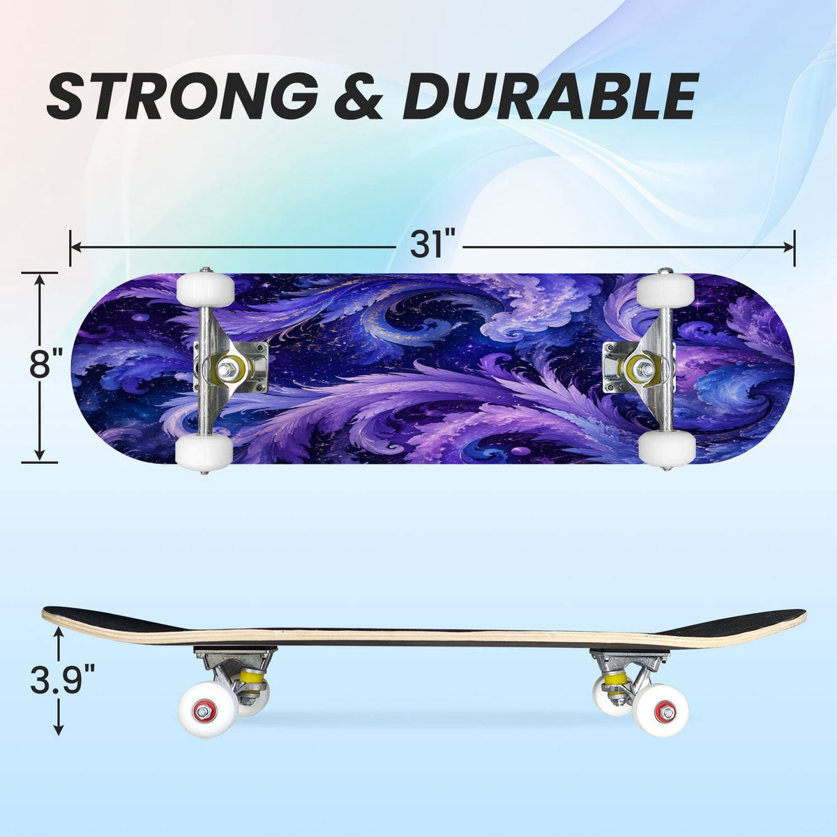 31"x8" Complete Skateboards for Beginners, Purple White Cosmos Flowers Butterflies Watercolor Double Kick 7 Ply Canadian Maple Deck Skateboard with Wheels, Gifts for Kids Teens