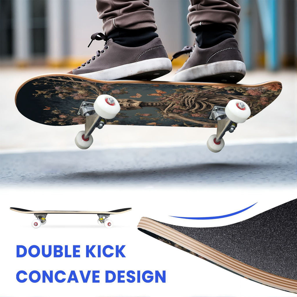 31"x8" Complete Skateboards for Beginners, Skeleton Tree Figure Antler Branches Dark Academia Flowers Double Kick 7 Ply Canadian Maple Deck Skateboard with Wheels, Gifts for Kids Teens