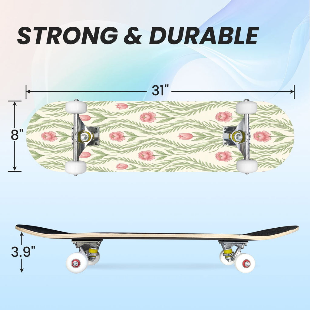 31"x8" Complete Skateboards for Beginners, Pink Floral Ribbon Roses Bows White Double Kick 7 Ply Canadian Maple Deck Skateboard with Wheels, Gifts for Girls Teens