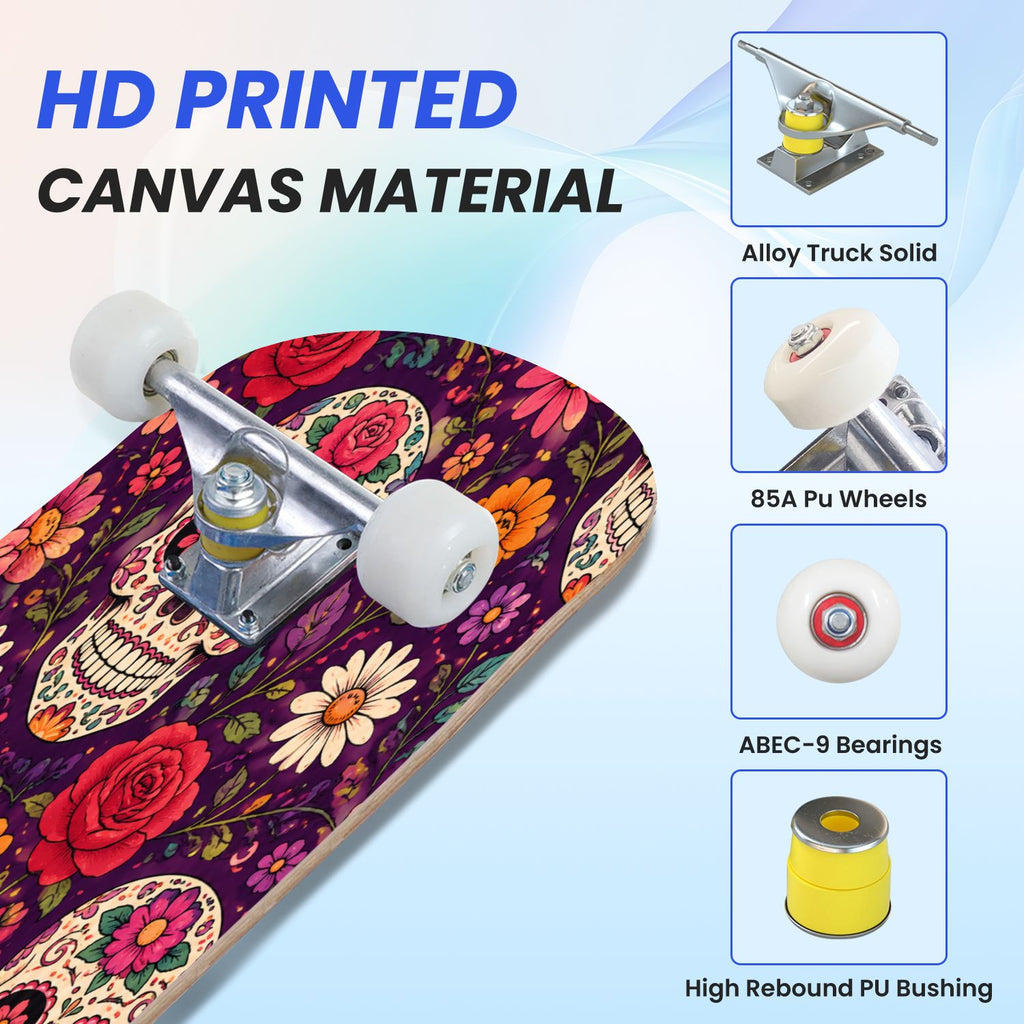 31"x8" Complete Skateboards for Beginners, Colorful Sugar Skulls Floral Patterns Mexican Double Kick 7 Ply Canadian Maple Deck Skateboard with Wheels, Gifts for Kids Teens
