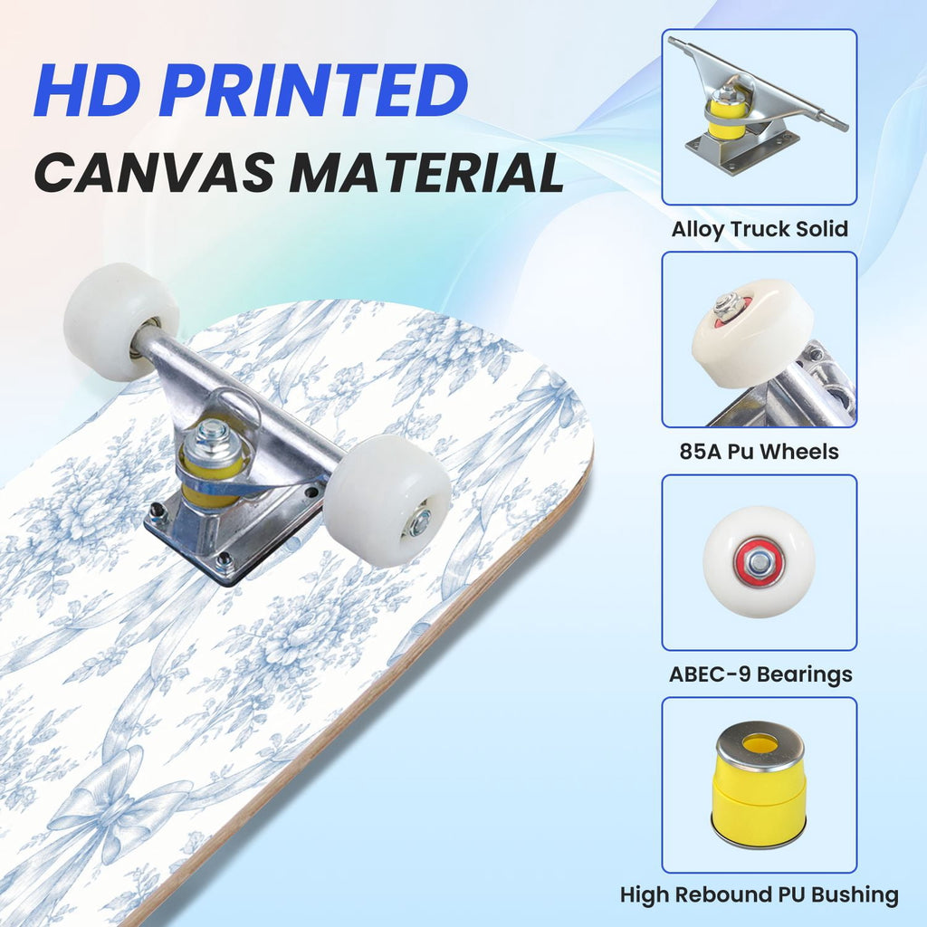 31"x8" Complete Skateboards for Beginners,Blue White Vintage Floral Roses Ornate Swirls Double Kick 7 Ply Canadian Maple Deck Skateboard with Wheels, Gifts for Kids Teens