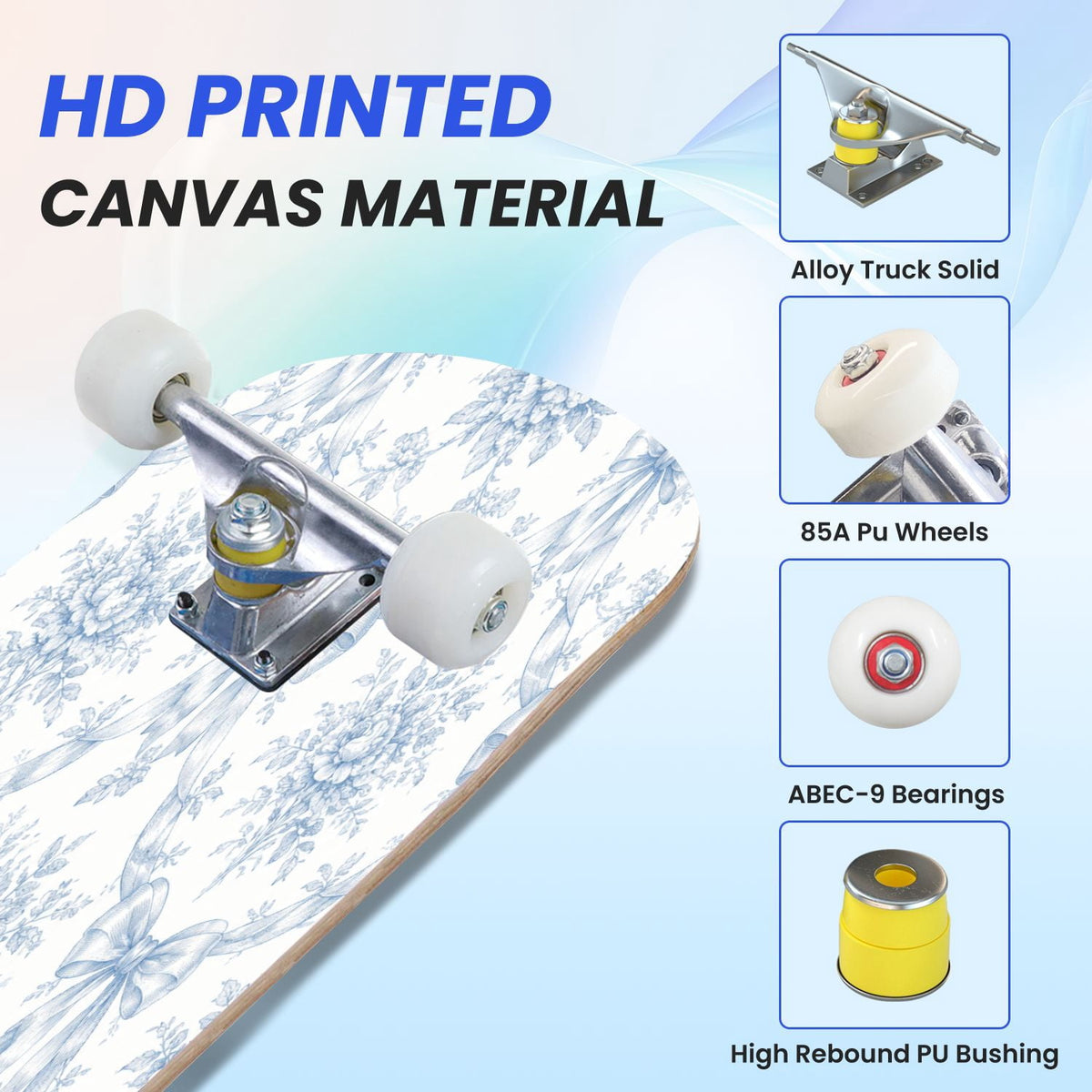31"x8" Complete Skateboards for Beginners,Blue White Vintage Floral Roses Ornate Swirls Double Kick 7 Ply Canadian Maple Deck Skateboard with Wheels, Gifts for Kids Teens