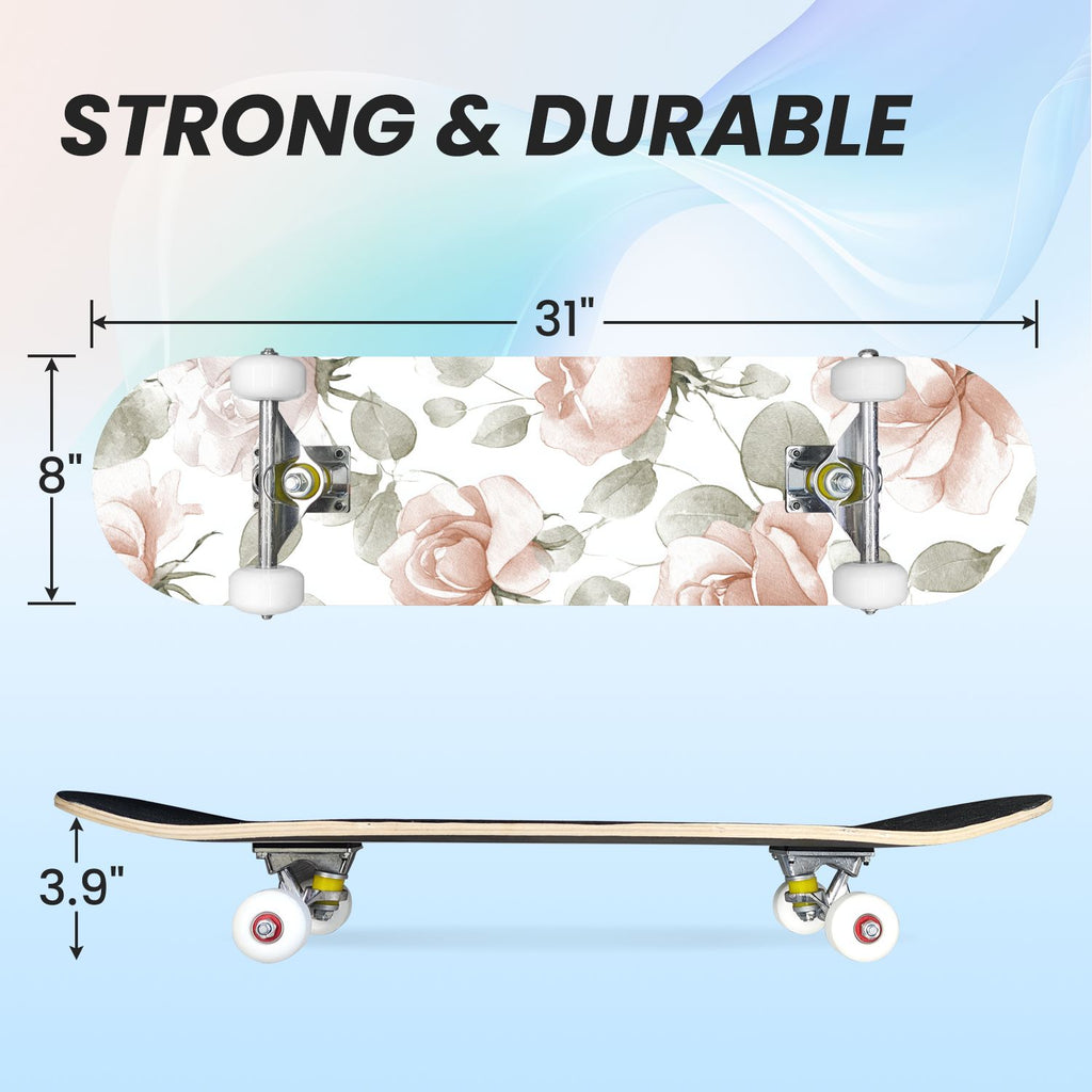 31"x8" Complete Skateboards for Beginners, Elegant Peony Floral Soft Pink White Tones Neutral Double Kick 7 Ply Canadian Maple Deck Skateboard with Wheels, Gifts for Kids Teens