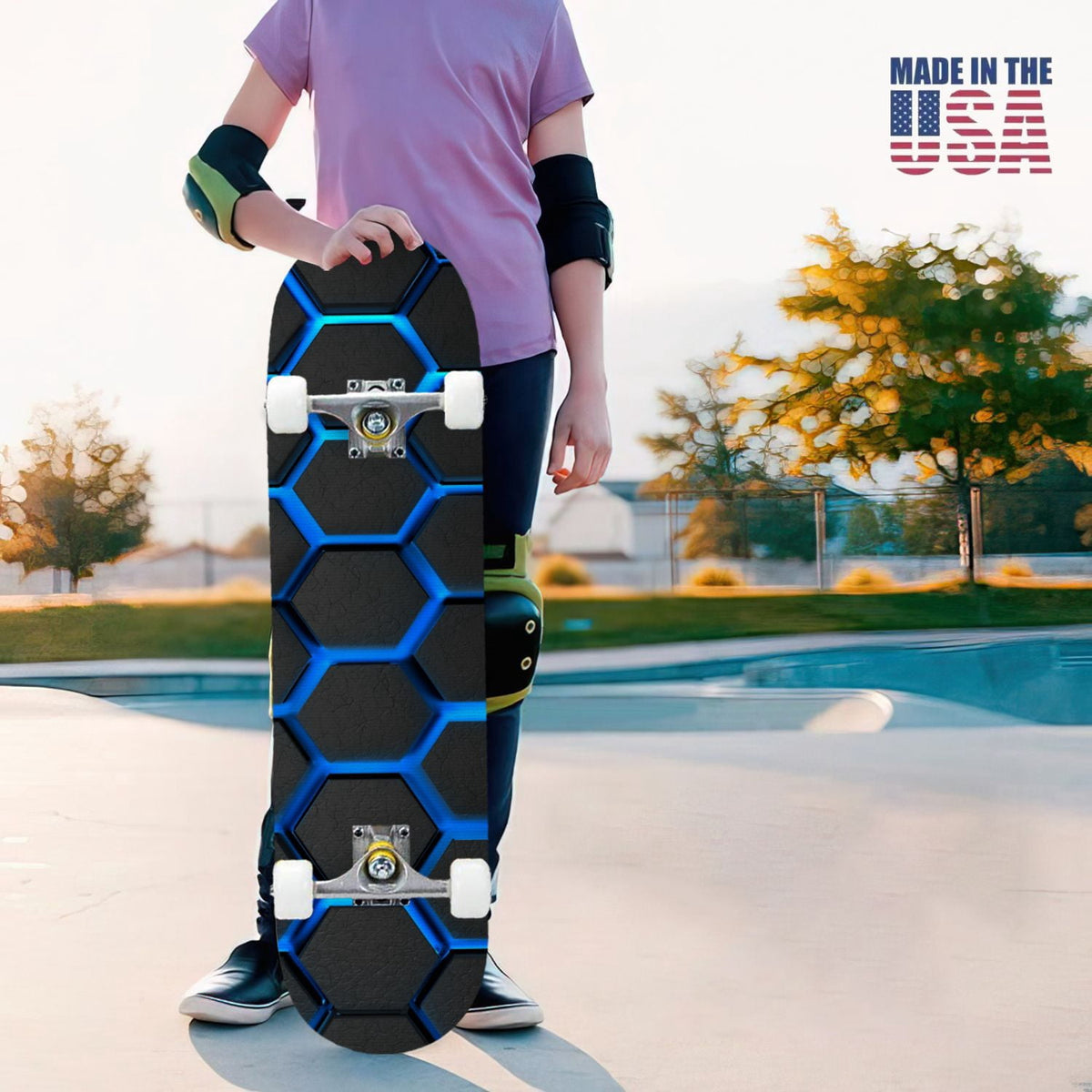 31"x8" Complete Skateboards for Beginners,Hexagon neon blue glow futuristic Double Kick 7 Ply Canadian Maple Deck Skateboard with Wheels, Gifts for Kids Teens