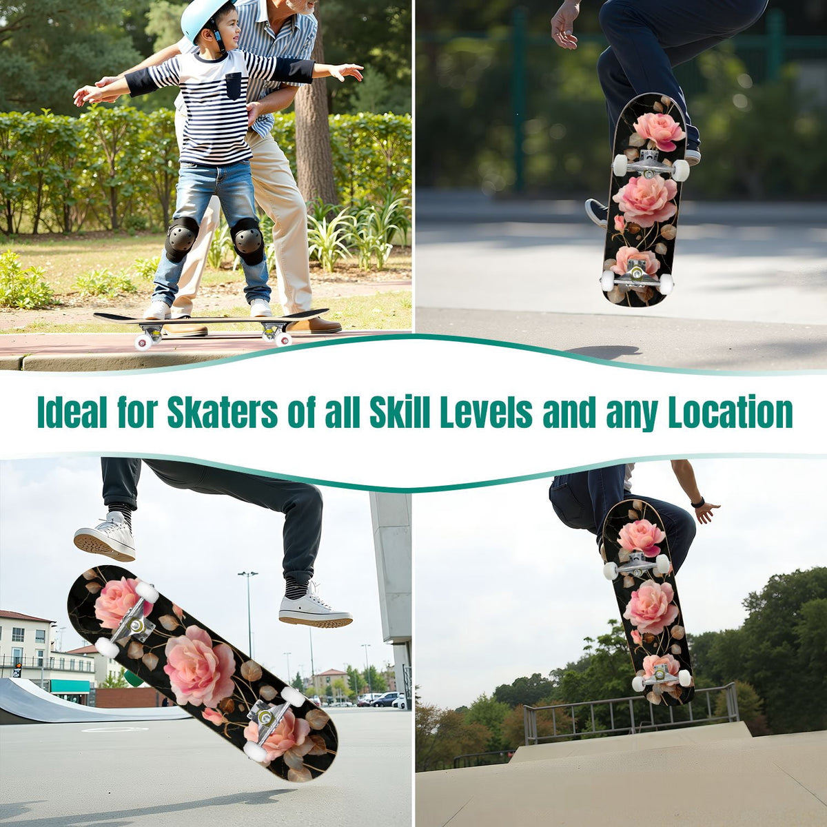 Dark Floral Wildflower Pink Yellow Blue Blooms 31" x 8" Complete Skateboard, 7-Ply Canadian Maple Double Kick Trick Board for Kids and Beginners Adult Gifts