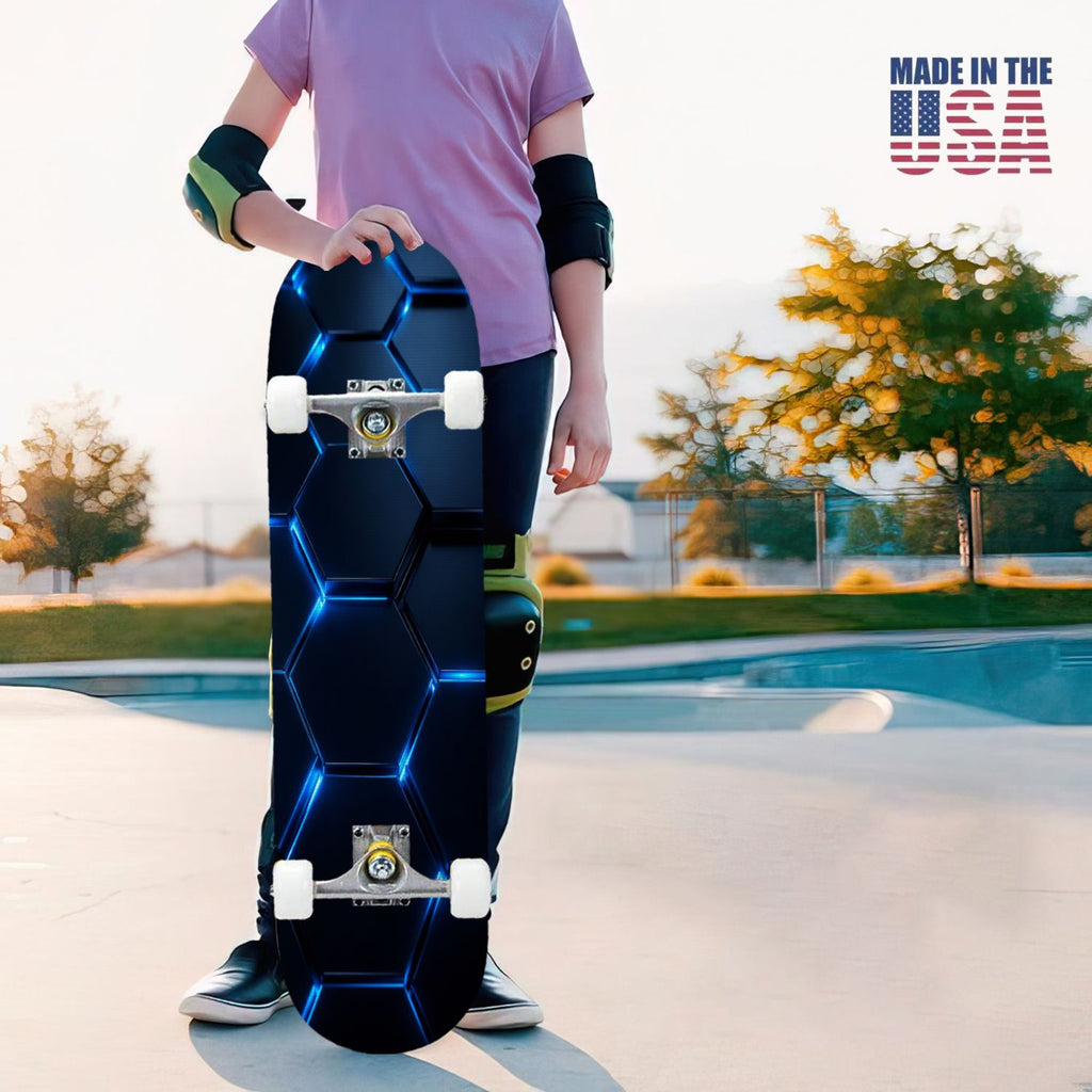 31"x8" Complete Skateboards for Beginners, Modern Abstract Hexagonal Blue Neon Glow Futuristic Double Kick 7 Ply Canadian Maple Deck Skateboard with Wheels, Gifts for Boys Teens