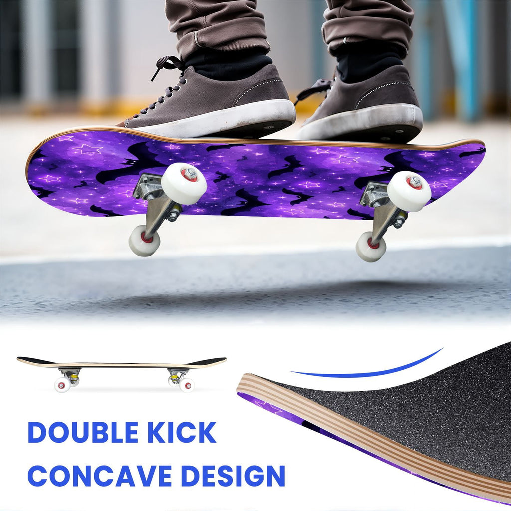 31"x8" Complete Skateboards for Beginners,Cute Ghosts Purple Bows Bats Lilac Halloween Double Kick 7 Ply Canadian Maple Deck Skateboard with Wheels, Gifts for Kids Teens