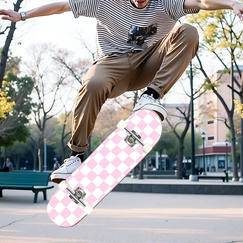 31"x8" Complete Skateboards for Beginners,Light Green White Gingham Checkered Double Kick 7 Ply Canadian Maple Deck Skateboard with Wheels, Gifts for Kids Teens