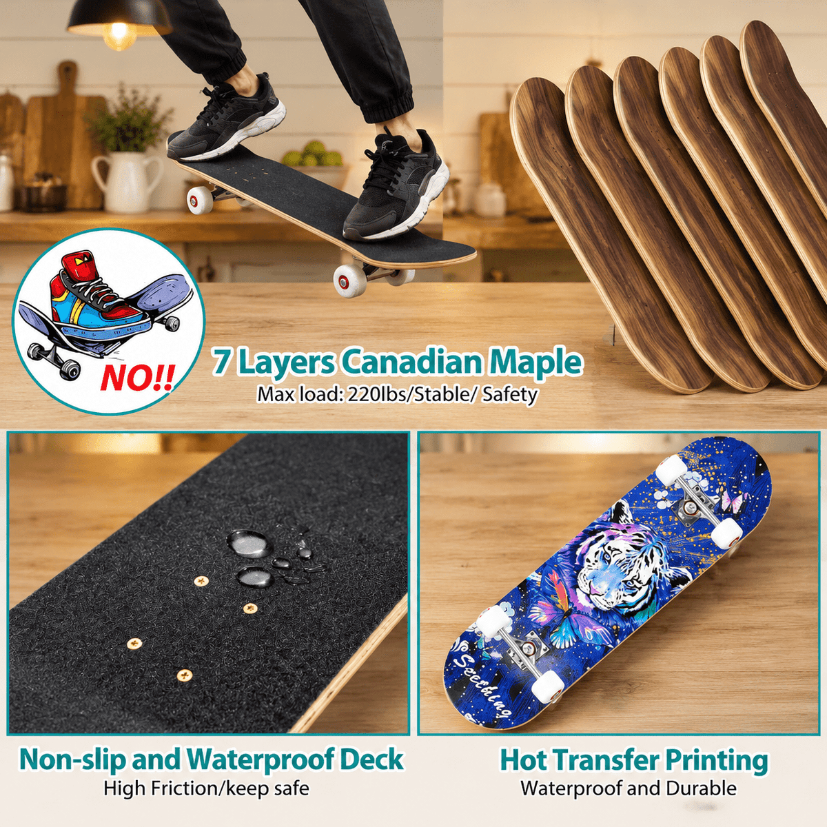 31-inch Complete Skateboard with 8-ply Maple Deck and ABEC-11 Bearings