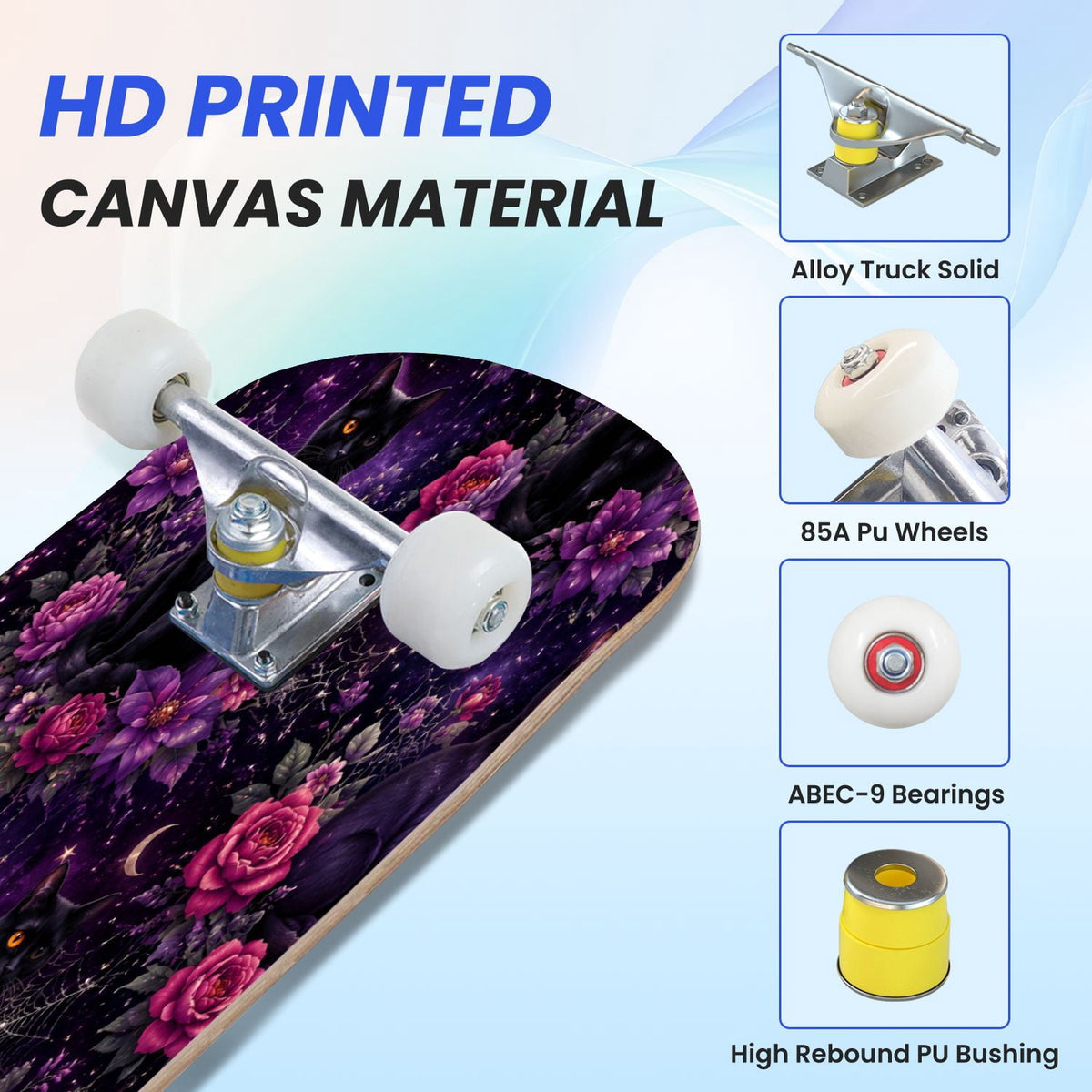 31"x8" Complete Skateboards for Beginners, Glowing Bioluminescent Mushrooms Mystical Forest Double Kick 7 Ply Canadian Maple Deck Skateboard with Wheels, Gifts for Kids Teens