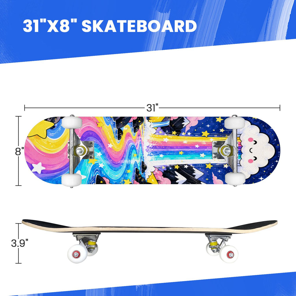 Complete Skateboard Colorful Hearts Graffiti 31 Inch 7-Ply Maple Skateboard with PU Wheels and Aluminum Trucks, Ready-to-Ride Skateboard for Beginners, Teens and Adults