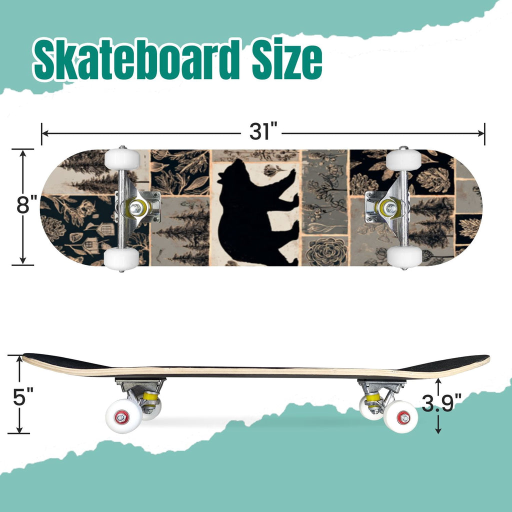 Dark Floral Wildflower Pink Yellow Blue Blooms 31" x 8" Complete Skateboard, 7-Ply Canadian Maple Double Kick Trick Board for Kids and Beginners Adult Gifts