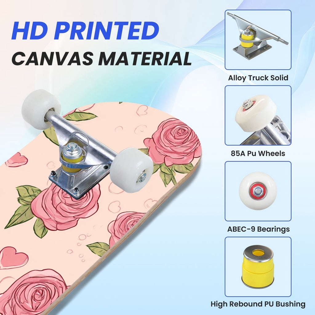 31"x8" Complete Skateboards for Beginners, Elegant Floral Pink Roses Blue Butterflies Double Kick 7 Ply Canadian Maple Deck Skateboard with Wheels, Gifts for Kids Teens