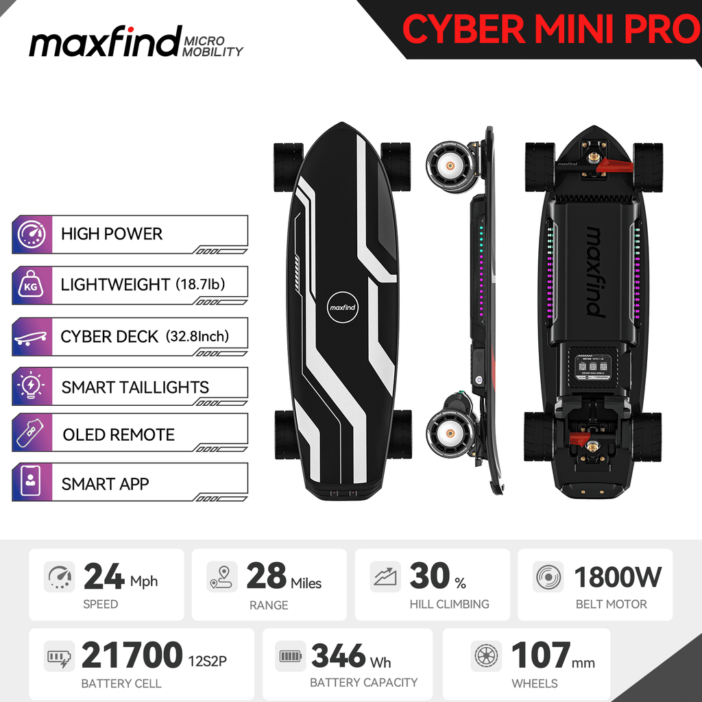Maxfind Cyber Mini Electric Skateboard with Remote, 32.8", Dual Hub Motors, 24 mph, 15 Miles, App Control