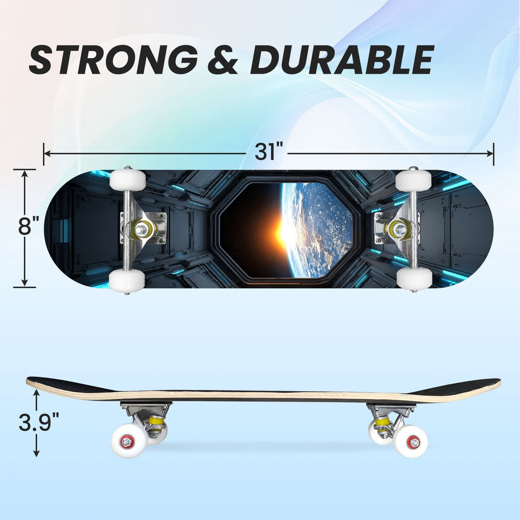 31"x8" Complete Skateboards for Beginners,Black Hexagon Honeycomb Glowing Blue Accents Double Kick 7 Ply Canadian Maple Deck Skateboard with Wheels, Gifts for Kids Teens
