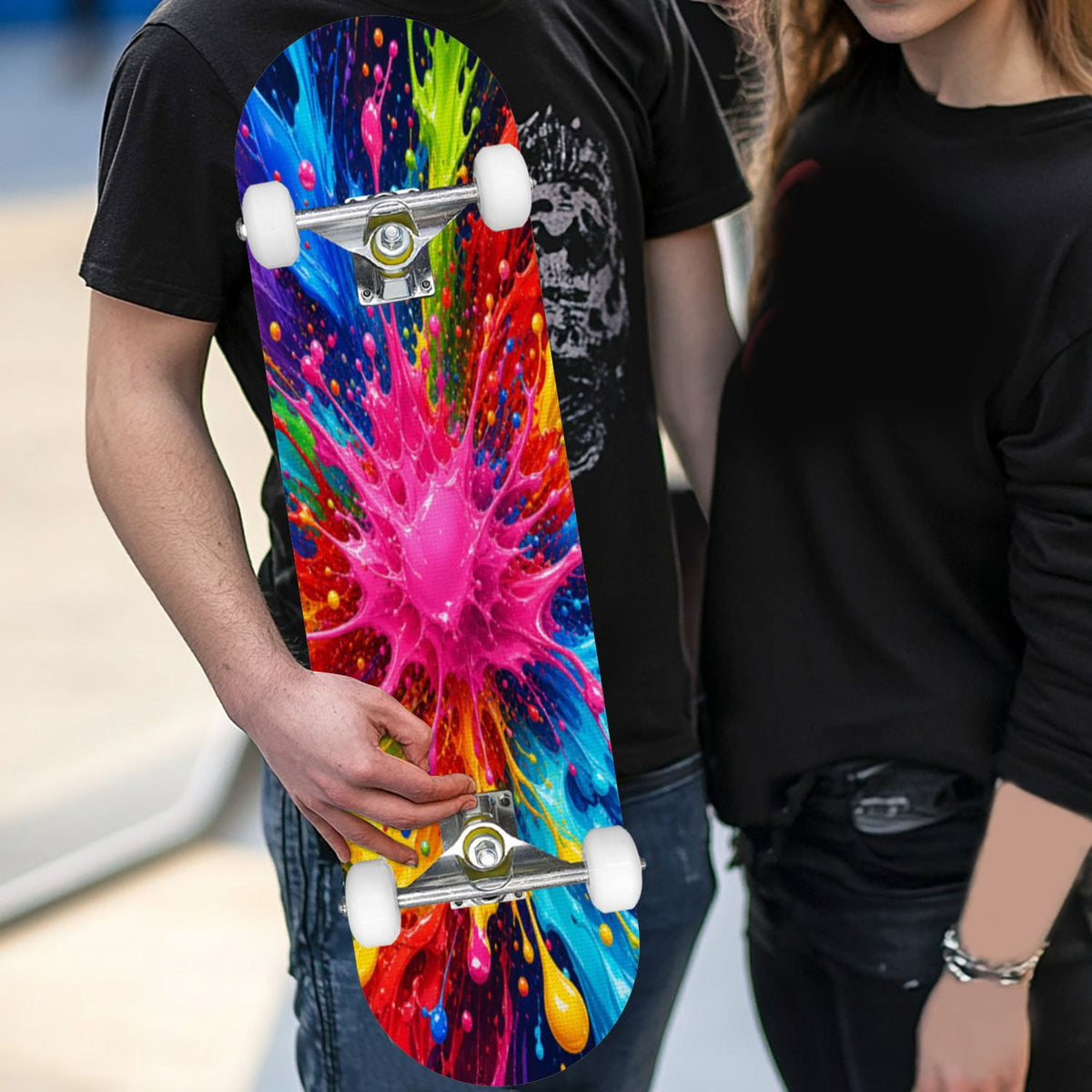 Complete Skateboard Paint Splash Explosion 31 Inch 7-Ply Maple Skateboard with PU Wheels and Aluminum Trucks, Ready-to-Ride Skateboard for Beginners, Teens and Adults